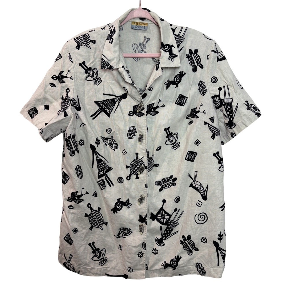 Linen Blend Shirt Women's 1X Abstract Print Blouse Unique‎ Turtle Buttons Artsy